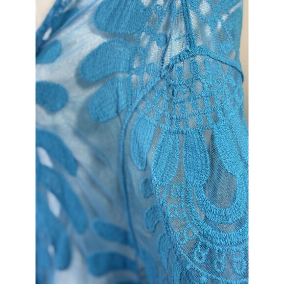 Rebellione Size M /L Long Blue Sheer Cover Up Kimono With Embroidered Floral - Picture 11 of 11